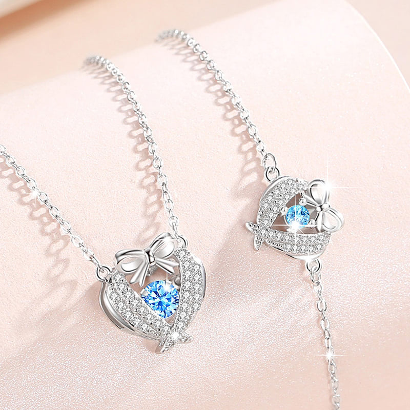 Trendy Sterling Silver Cubic Zirconia Love Heart Bow Pendant Necklace03