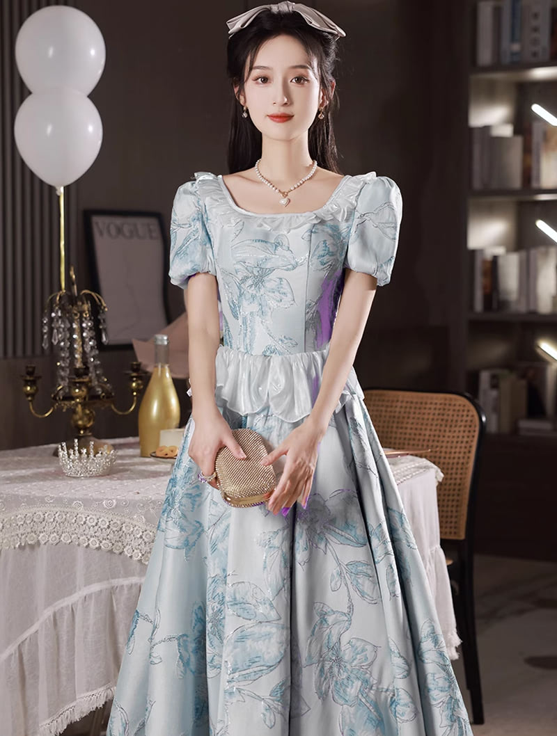 Vintagecore Square Neck Light Blue Prom Evening Party Formal Maxi Dress02