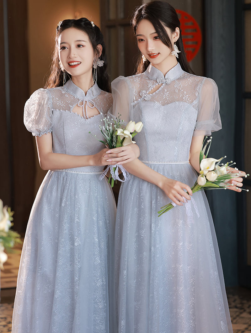 A-line Embroidery Grey Tulle Summer Chiffon Bridesmaid Long Dress01