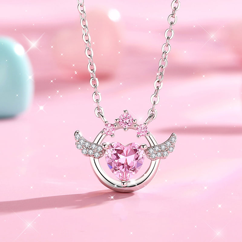 Angel Wings Love Heart Pendant Pink Zircon Diamond Chain Necklace01