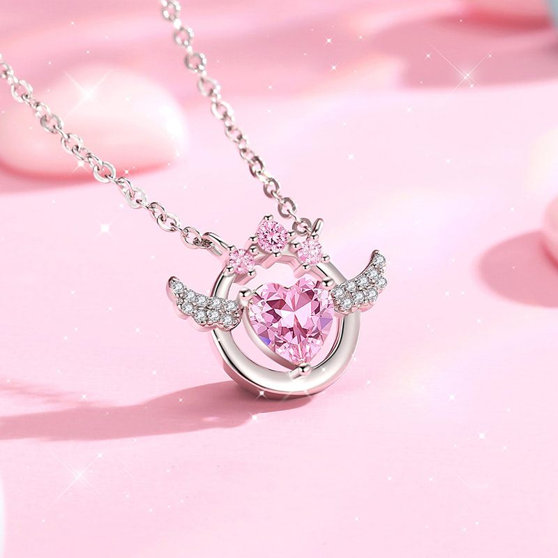 Angel Wings Love Heart Pendant Pink Zircon Diamond Chain Necklace02