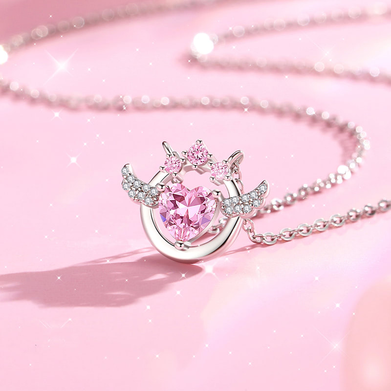 Angel Wings Love Heart Pendant Pink Zircon Diamond Chain Necklace04