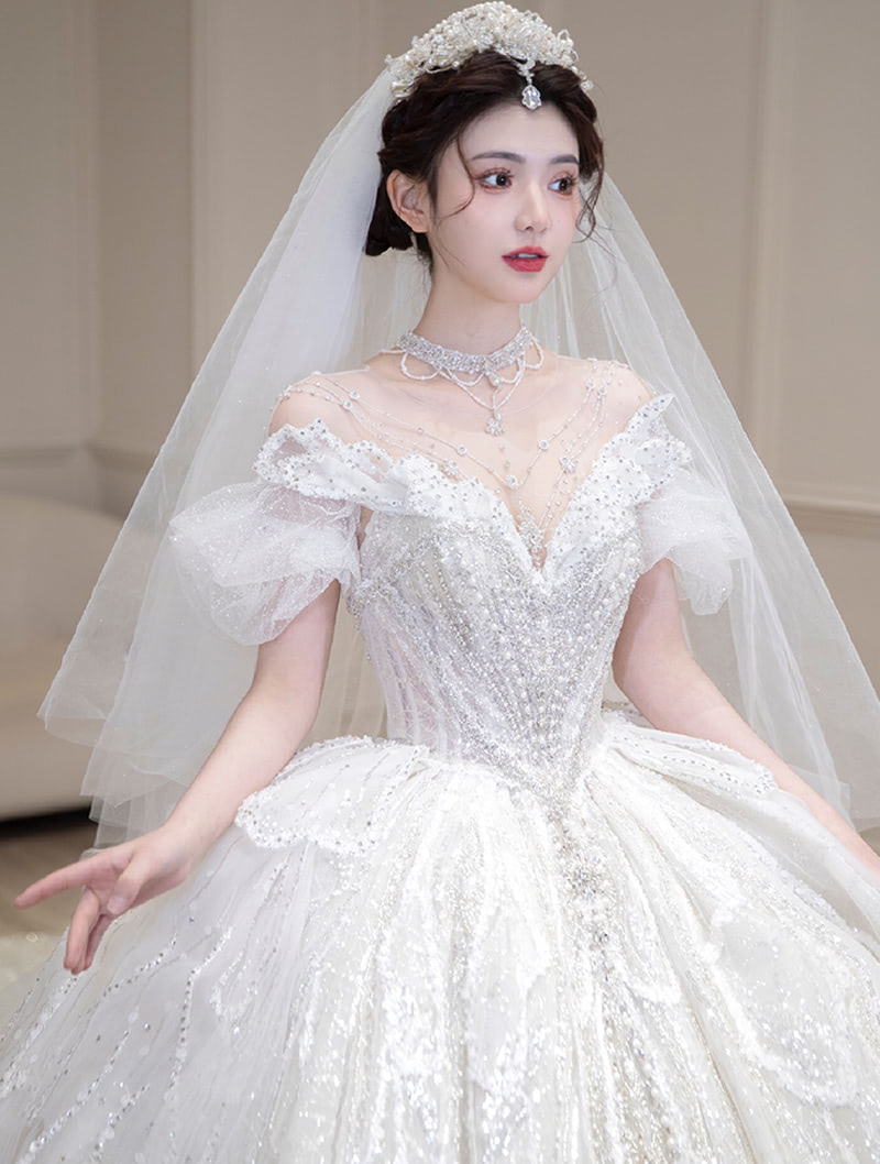 Beautiful Off the Shoulder Princess White Lace Bridal Wedding Dress02