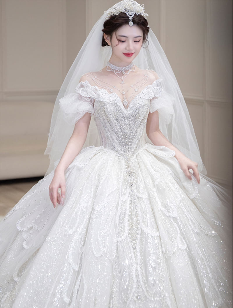 Beautiful Off the Shoulder Princess White Lace Bridal Wedding Dress01