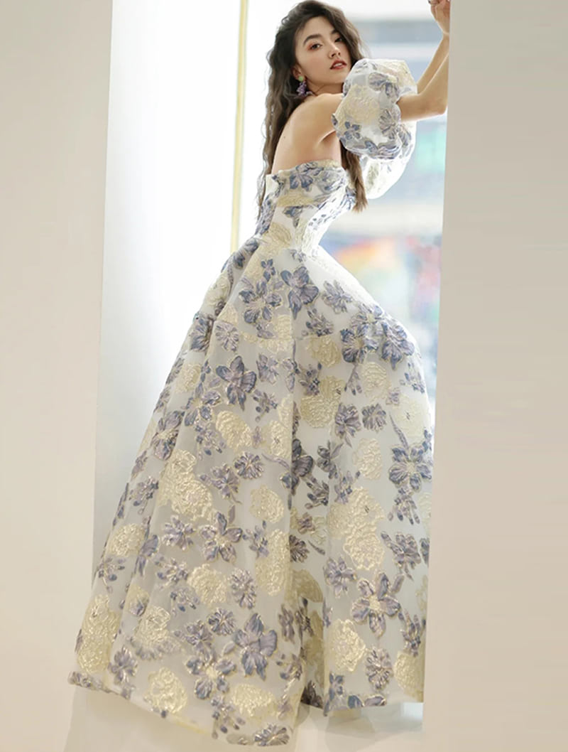 Charming Floral Jacquard Fluffy Skirt Tube Evening Banquet Party Dress01
