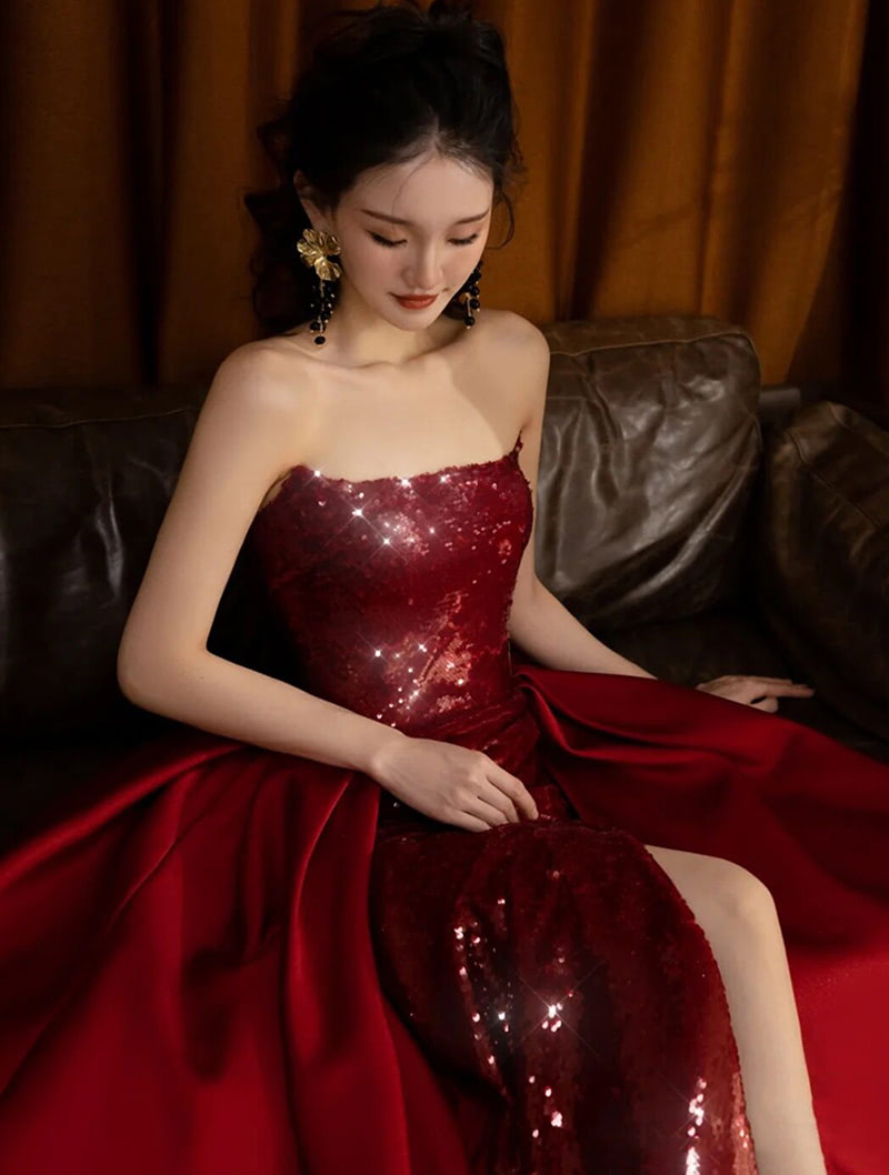 Chic Red Sleeveless Tube Top Banquet Toast Formal Evening Party Dress02
