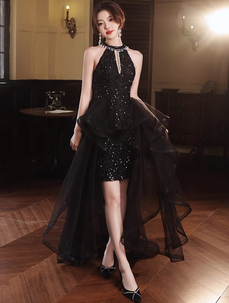 Elegant Black Sparkly High Low Tulle Skirt Halter Cocktail Party Prom Dress01