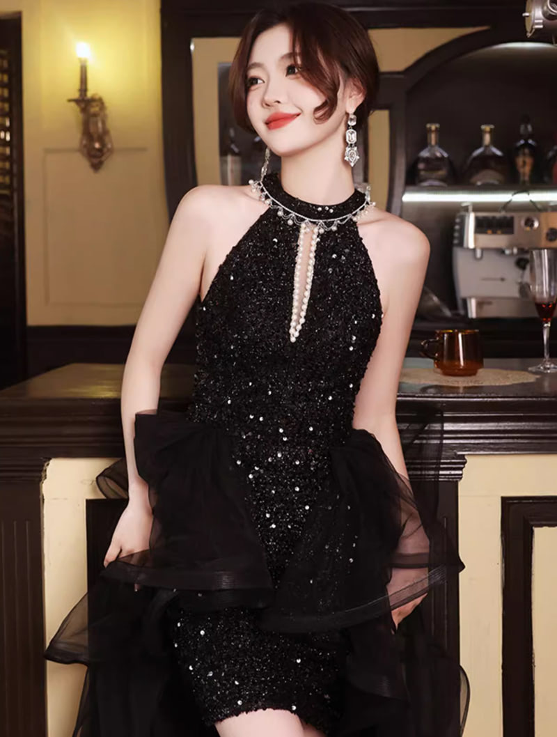 Elegant Black Sparkly High Low Tulle Skirt Halter Cocktail Party Prom Dress01