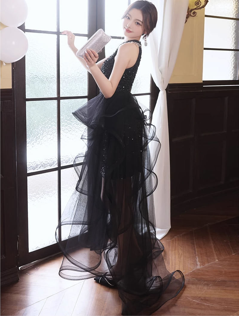 Elegant Black Sparkly High Low Tulle Skirt Halter Cocktail Party Prom Dress04