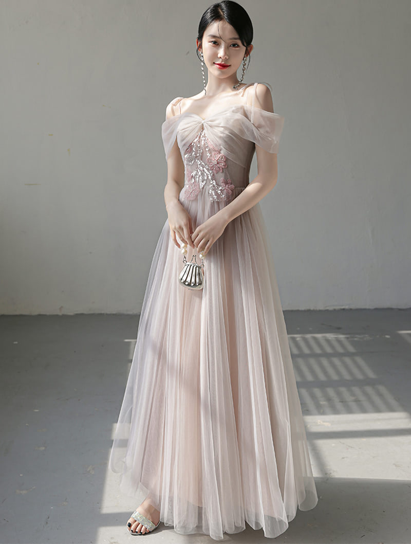 Fairy Dusty Pink Tulle Embroidery Bridesmaid Long Dress Party Gown02