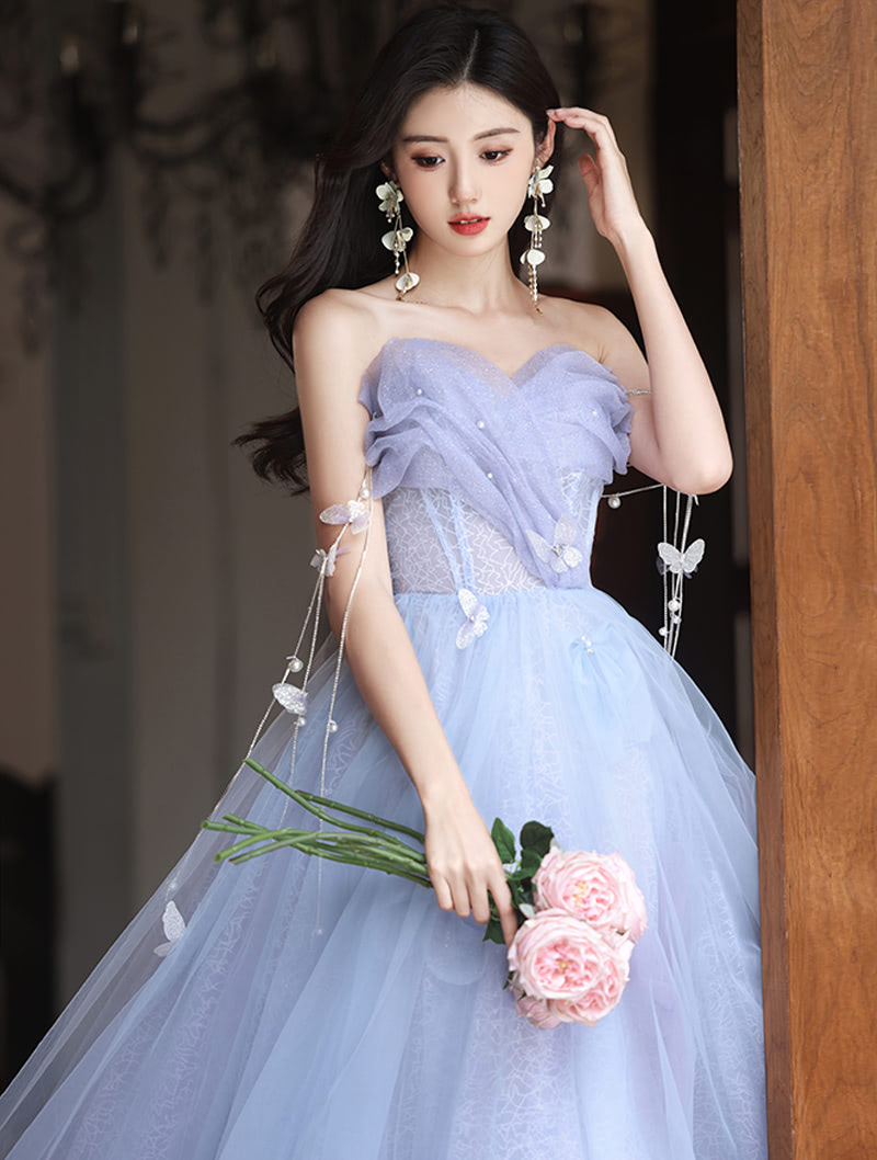 Fairy Light Blue Cocktail Evening Dress Off Shoulder Puffy Skirt Ball Gown01