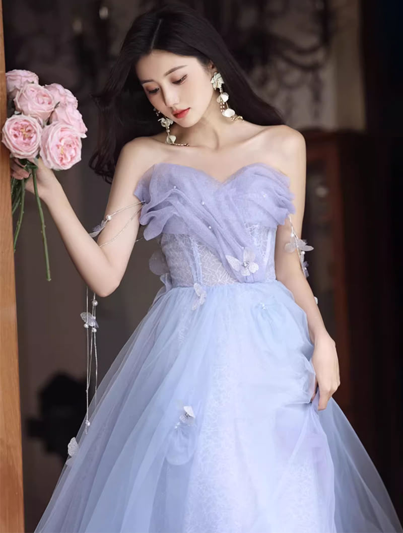 Fairy Light Blue Cocktail Evening Dress Off Shoulder Puffy Skirt Ball ...