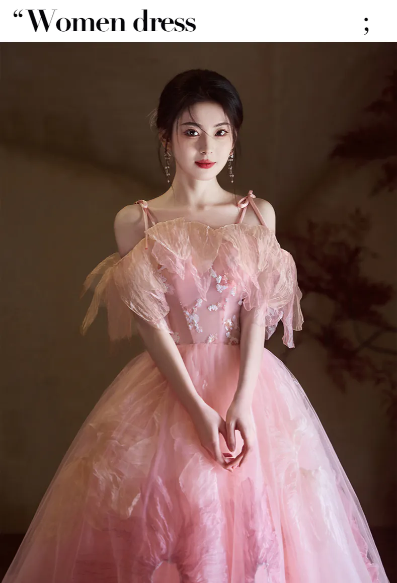 Fairycore Blush Pink Tulle Floral Spaghetti Straps Wedding Dress09