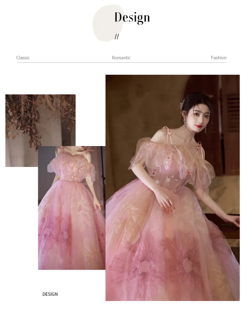 Fairycore Blush Pink Tulle Floral Spaghetti Straps Wedding Dress10