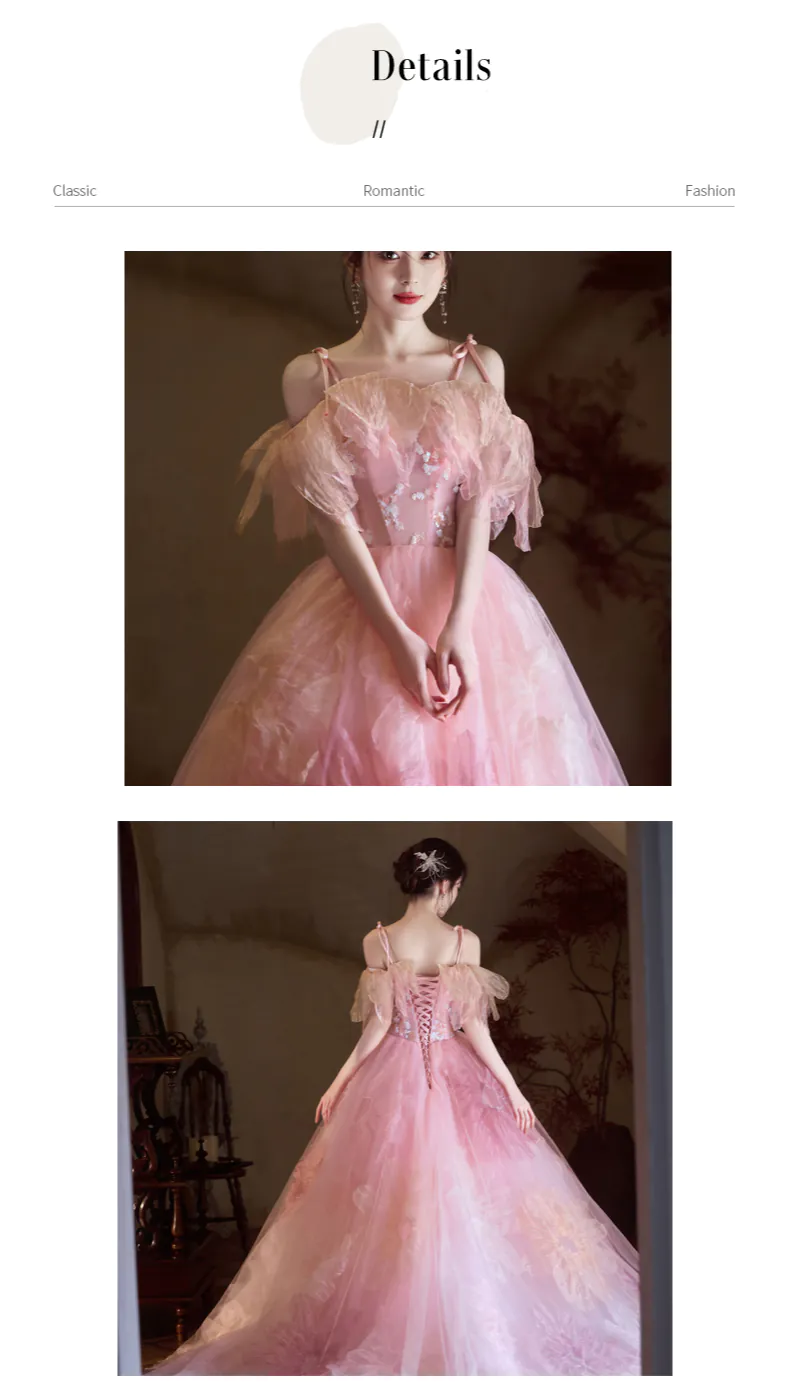 Fairycore Blush Pink Tulle Floral Spaghetti Straps Wedding Dress11