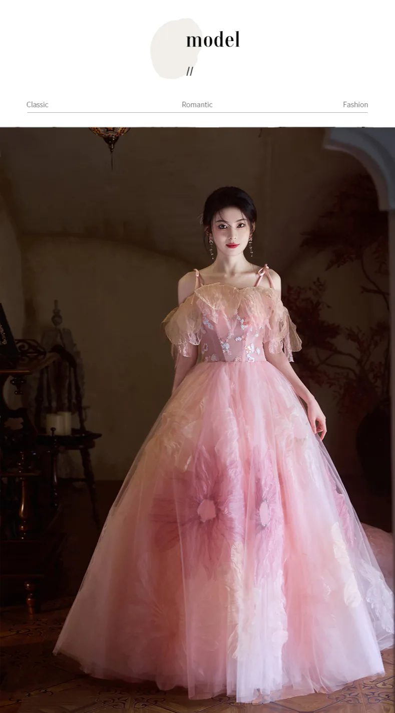 Fairycore Blush Pink Tulle Floral Spaghetti Straps Wedding Dress12