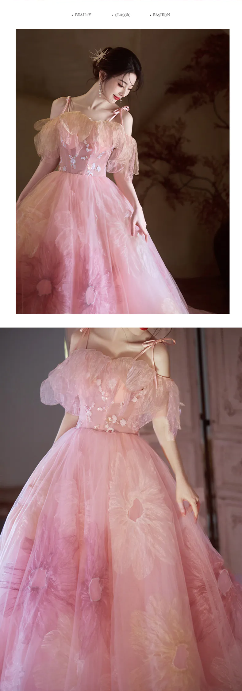 Fairycore Blush Pink Tulle Floral Spaghetti Straps Wedding Dress13