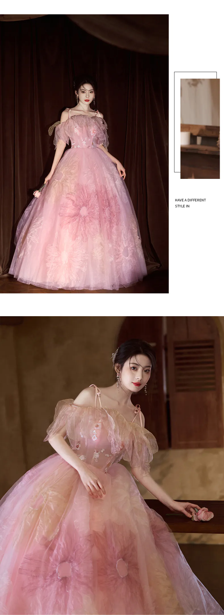 Fairycore Blush Pink Tulle Floral Spaghetti Straps Wedding Dress15