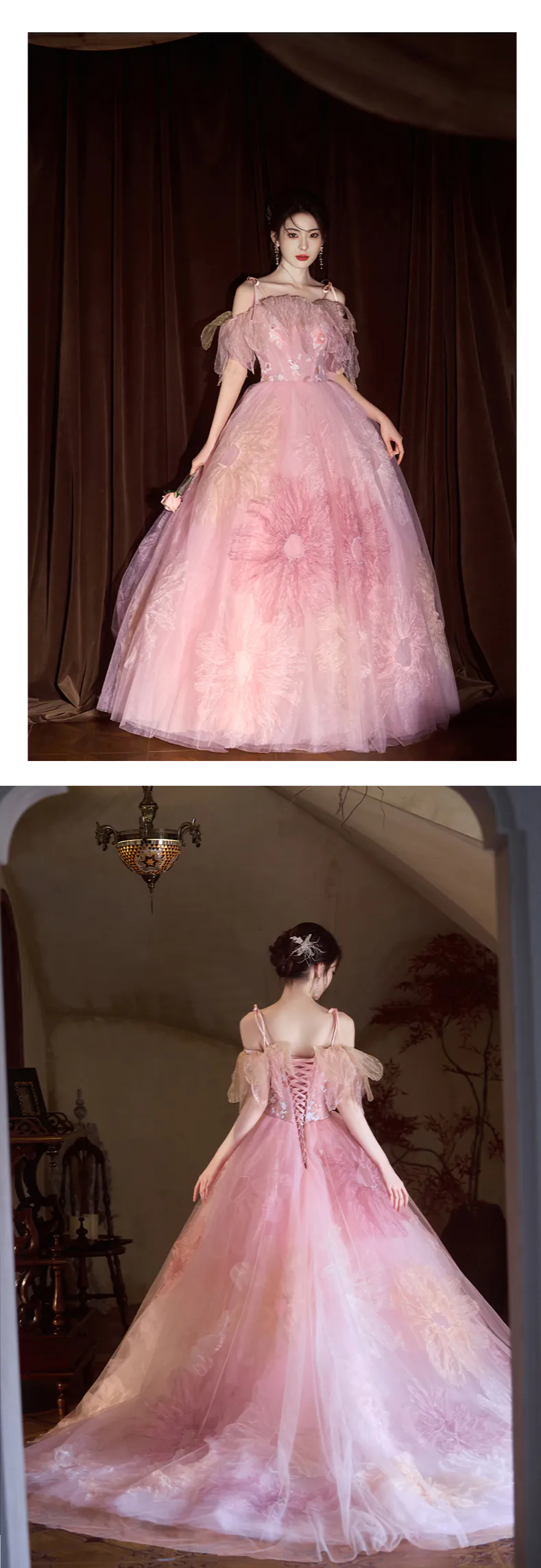 Fairycore Blush Pink Tulle Floral Spaghetti Straps Wedding Dress16