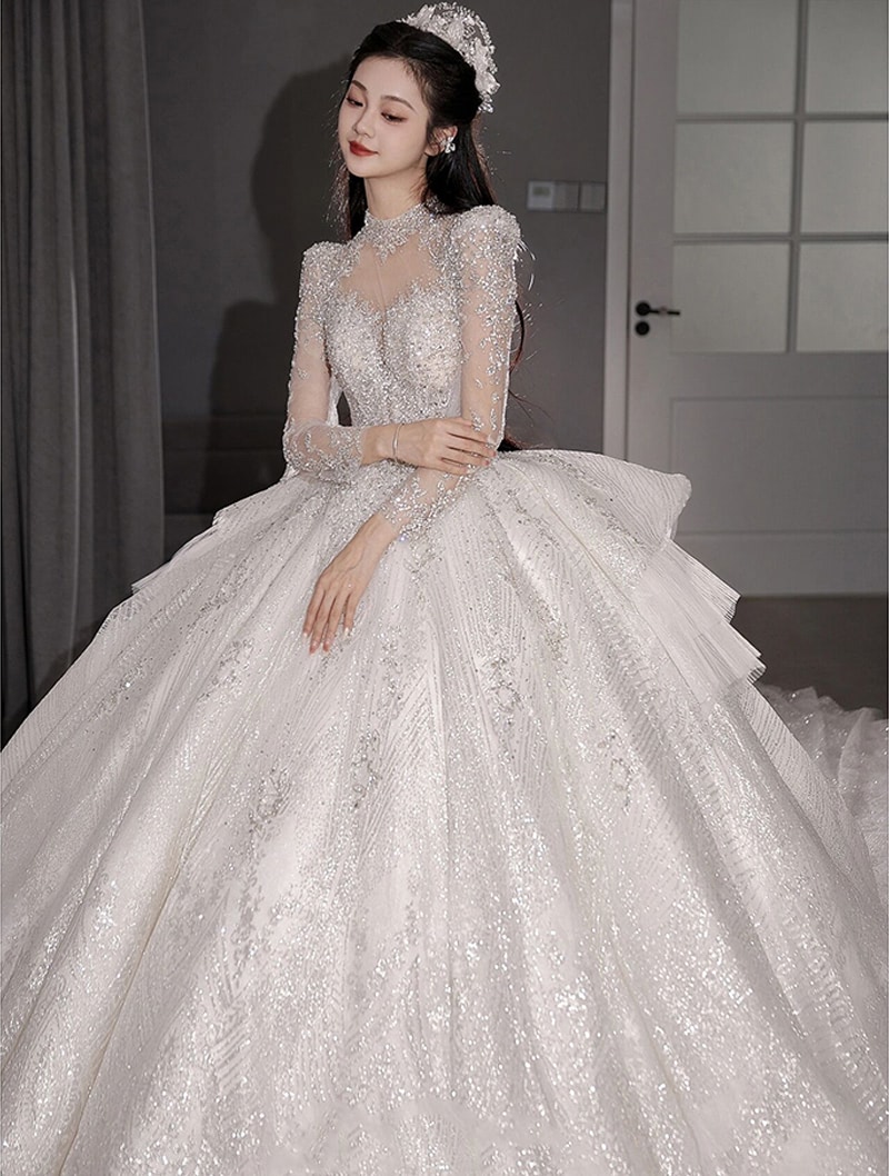 Grand A-line Tulle Long Sleeve Tailing Bride Wedding Dress Party Gown05