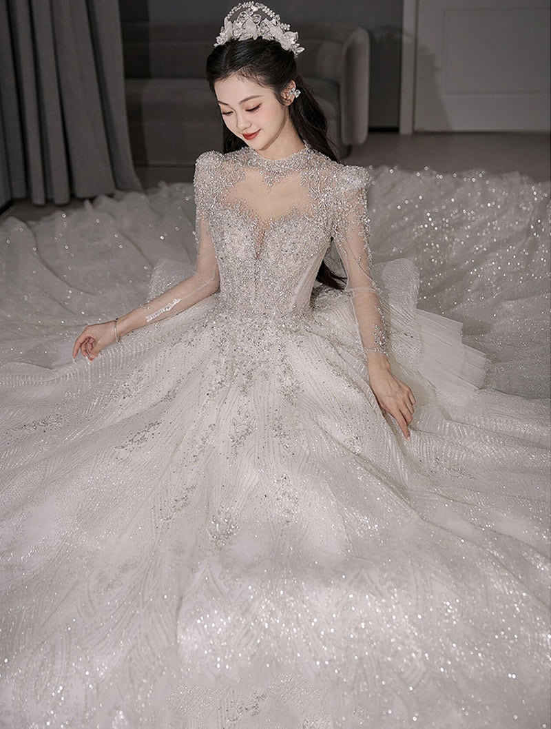 Grand A-line Tulle Long Sleeve Tailing Bride Wedding Dress Party Gown05