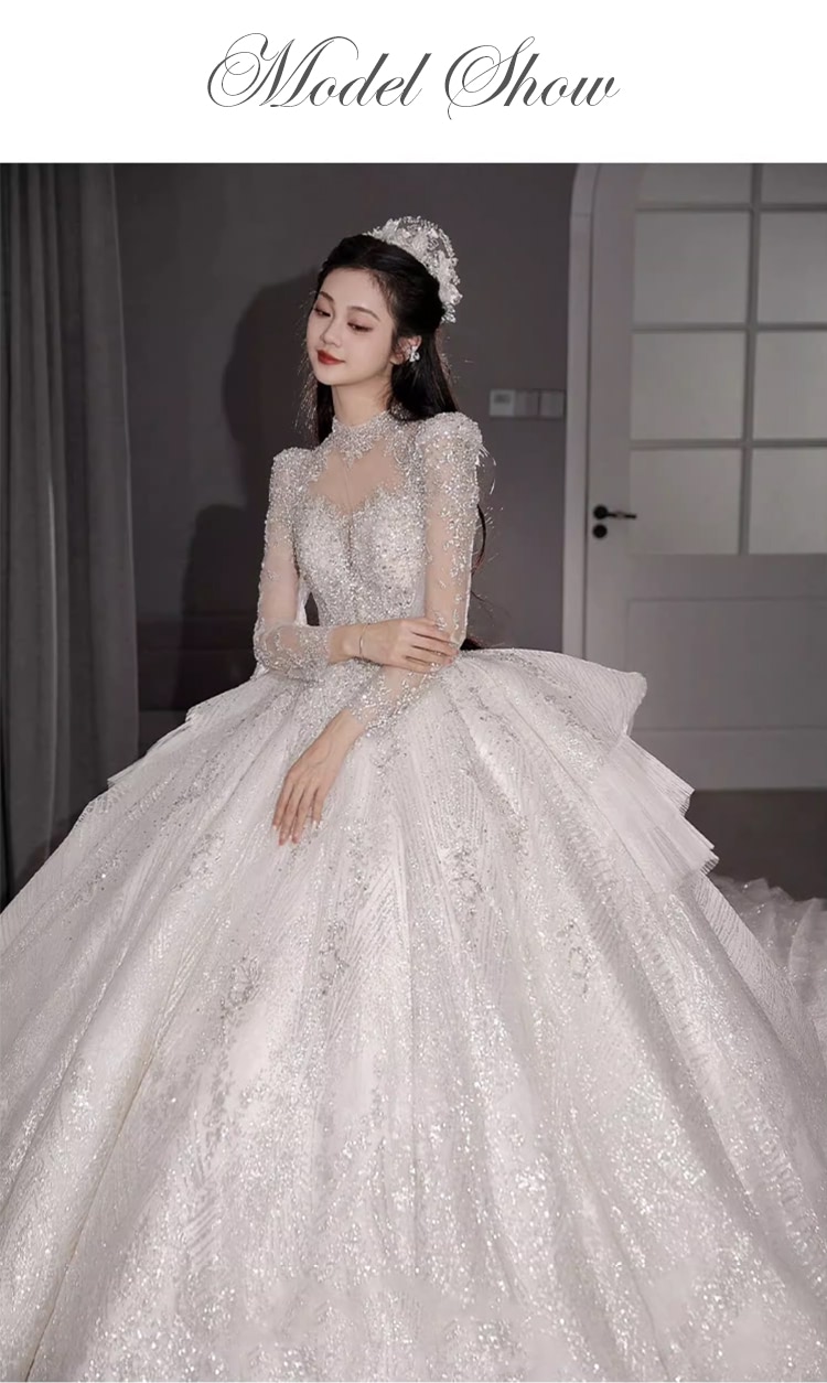 Grand-A-line-Tulle-Long-Sleeve-Tailing-Bride-Wedding-Dress-Party-Gown09