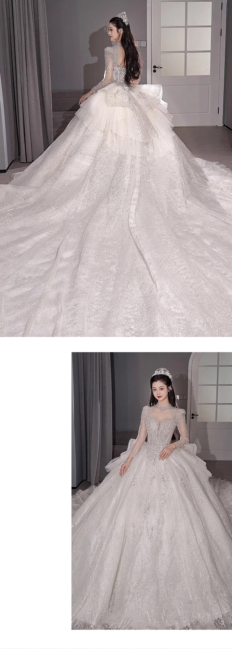 Grand-A-line-Tulle-Long-Sleeve-Tailing-Bride-Wedding-Dress-Party-Gown11