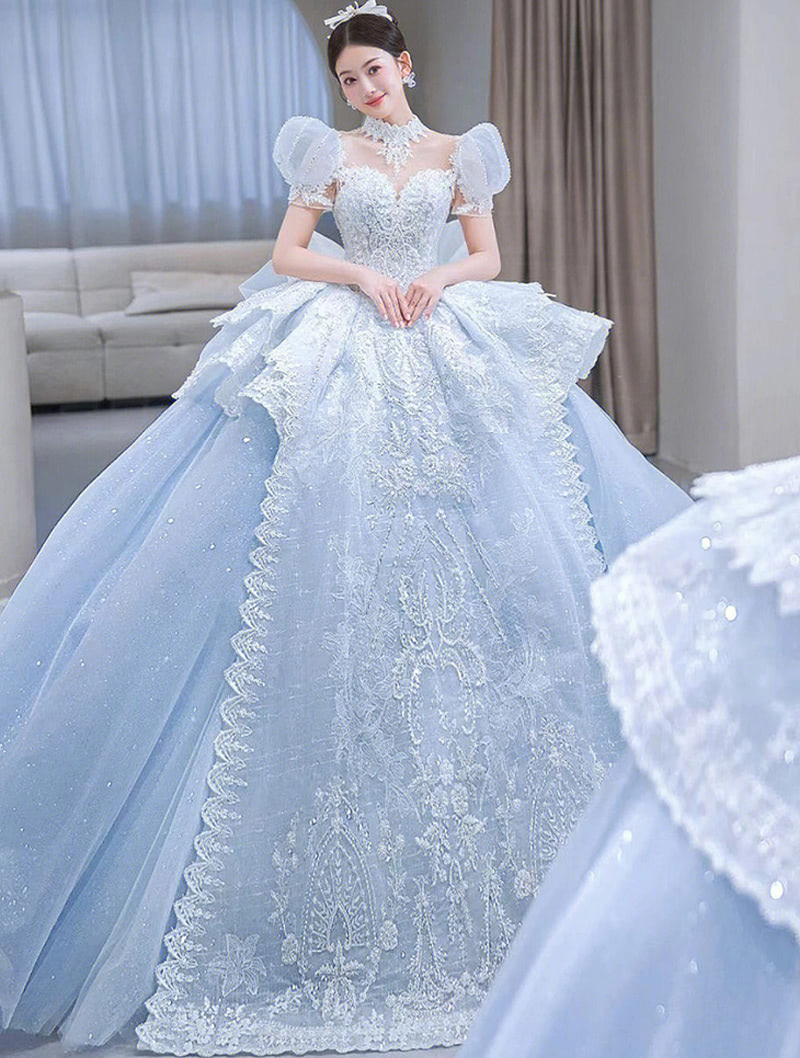 Luxury A Line Short Sleeve Blue Wedding Dress Bridal Formal Gowns01