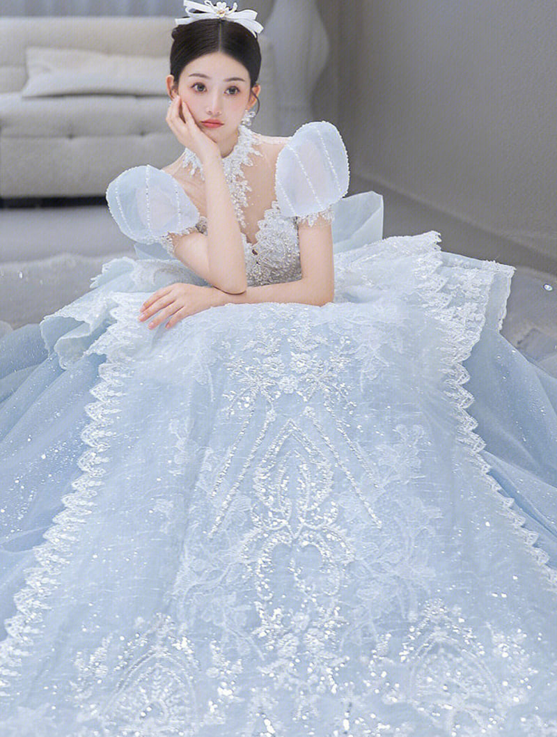 Luxury A Line Short Sleeve Blue Wedding Dress Bridal Formal Gowns02