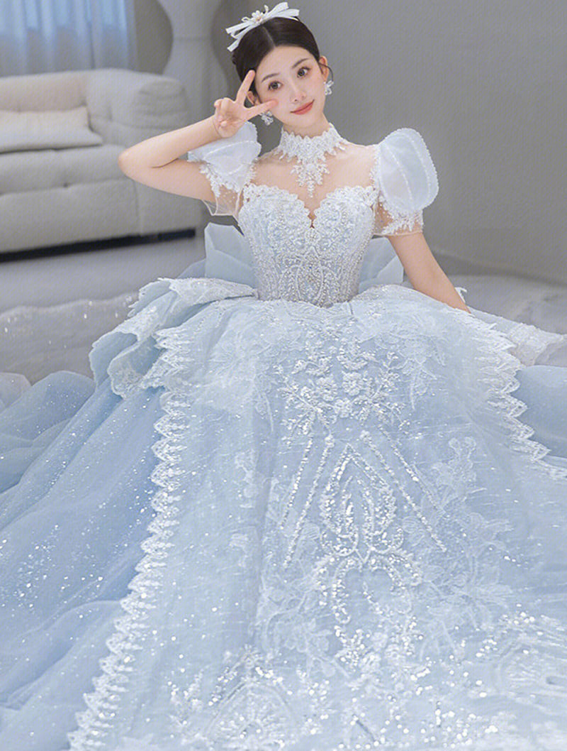 Luxury A Line Short Sleeve Blue Wedding Dress Bridal Formal Gowns03