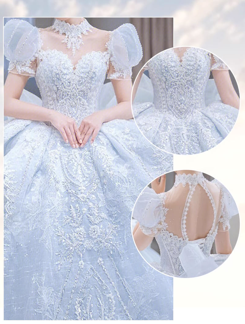 Luxury A Line Short Sleeve Blue Wedding Dress Bridal Formal Gowns04