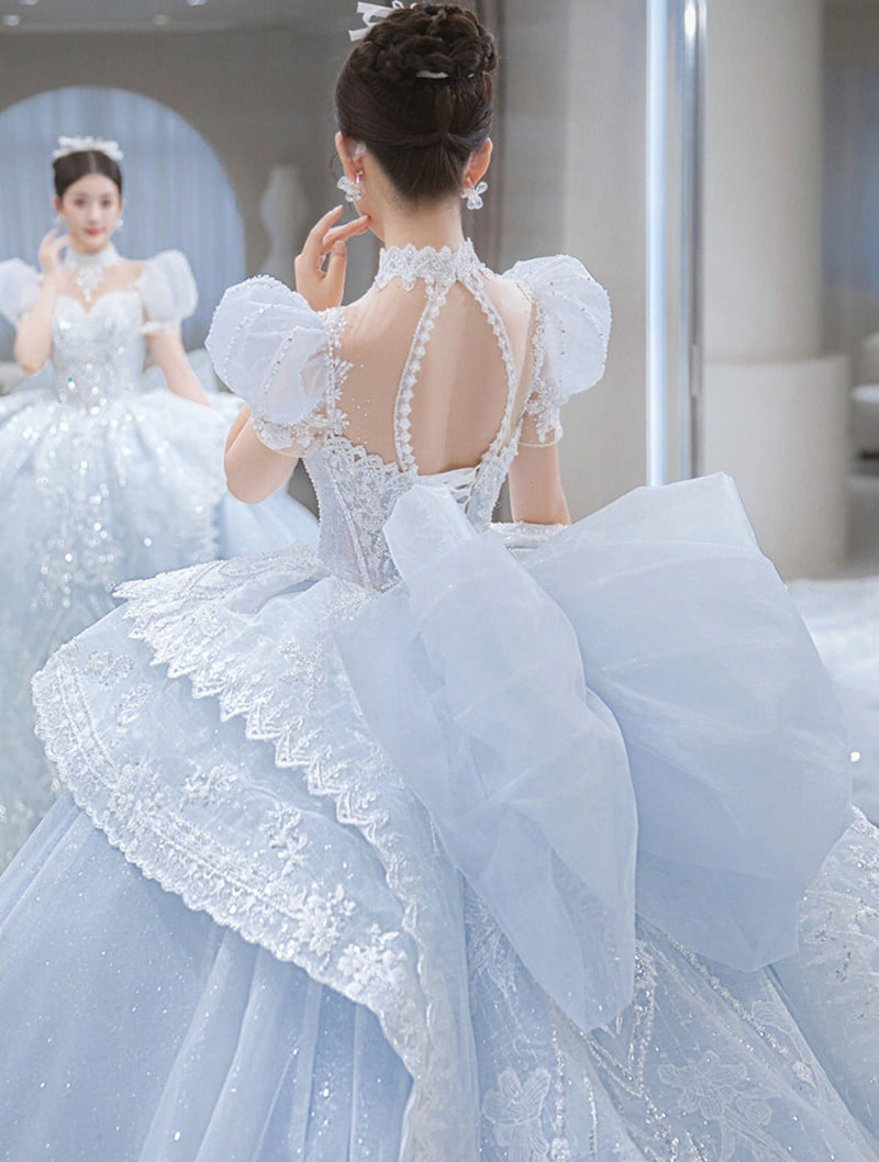 Luxury A Line Short Sleeve Blue Wedding Dress Bridal Formal Gowns05