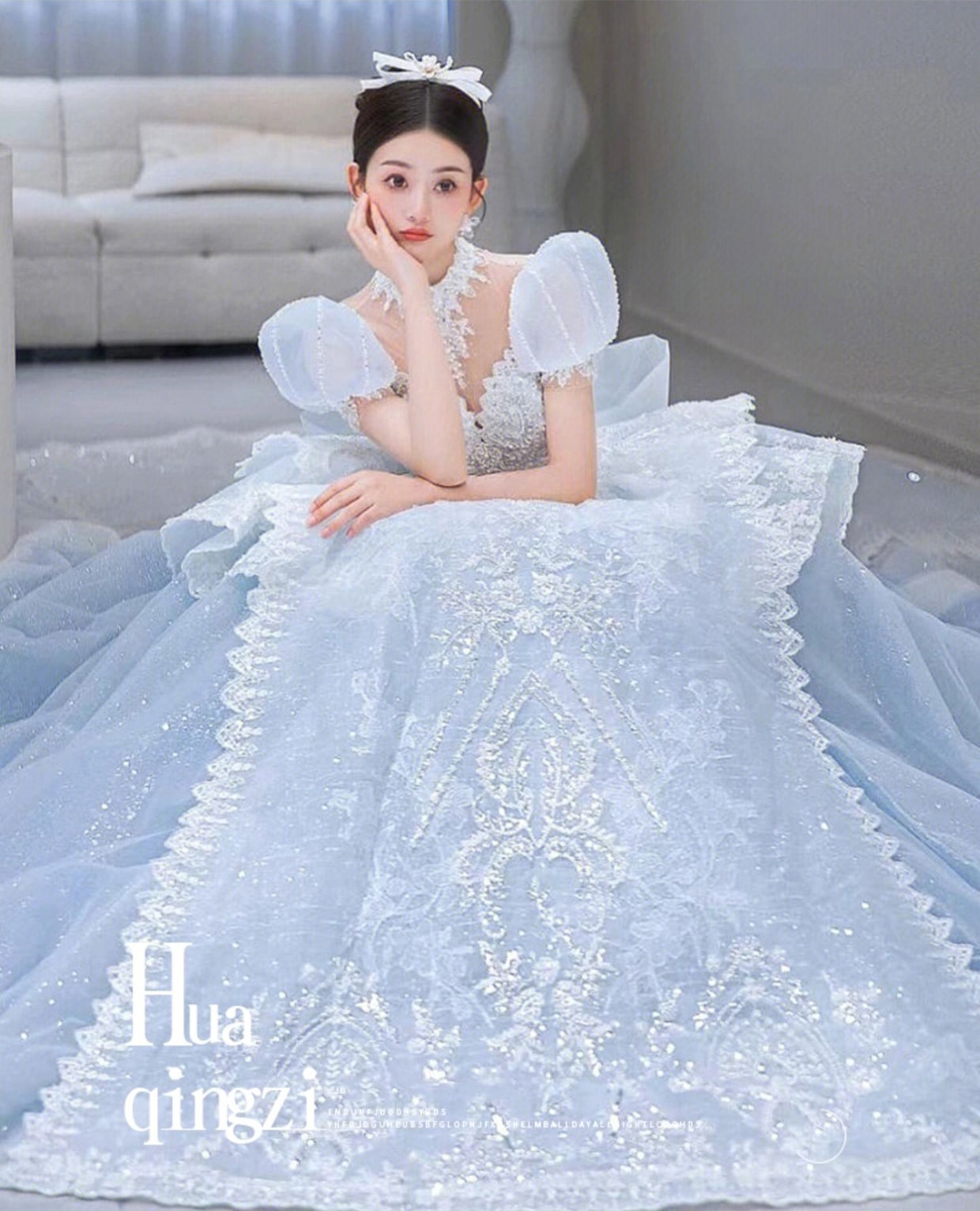 Luxury-A-Line-Short-Sleeve-Blue-Wedding-Dress-Bridal-Formal-Gowns08