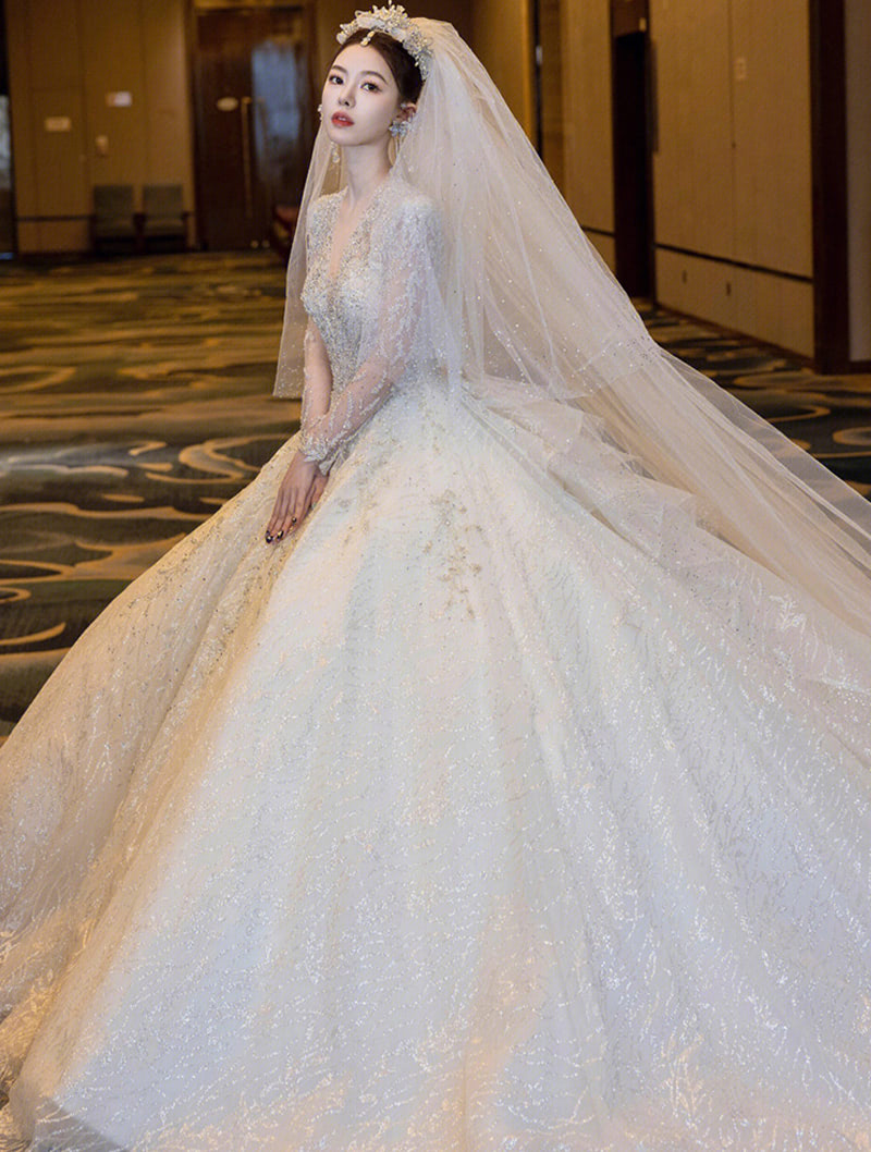 Luxury A Line V neck Long Tulle Sleeve White Lace Bridal Wedding Dress02