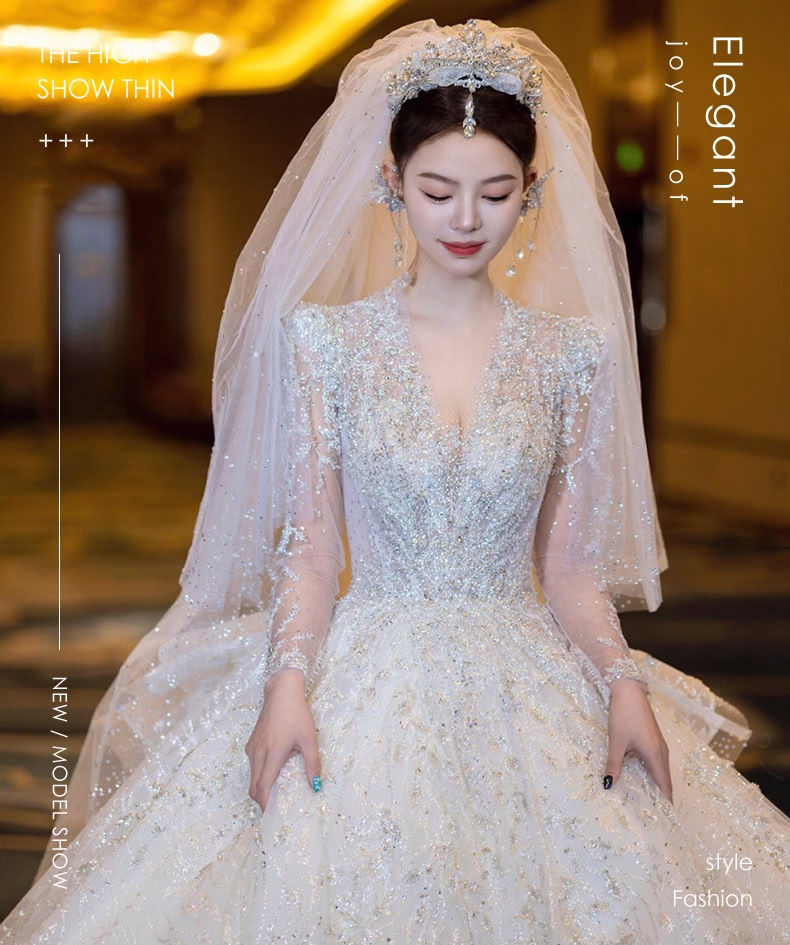 Luxury-A-Line-V-neck-Long-Tulle-Sleeve-White-Lace-Bridal-Wedding-Dress07