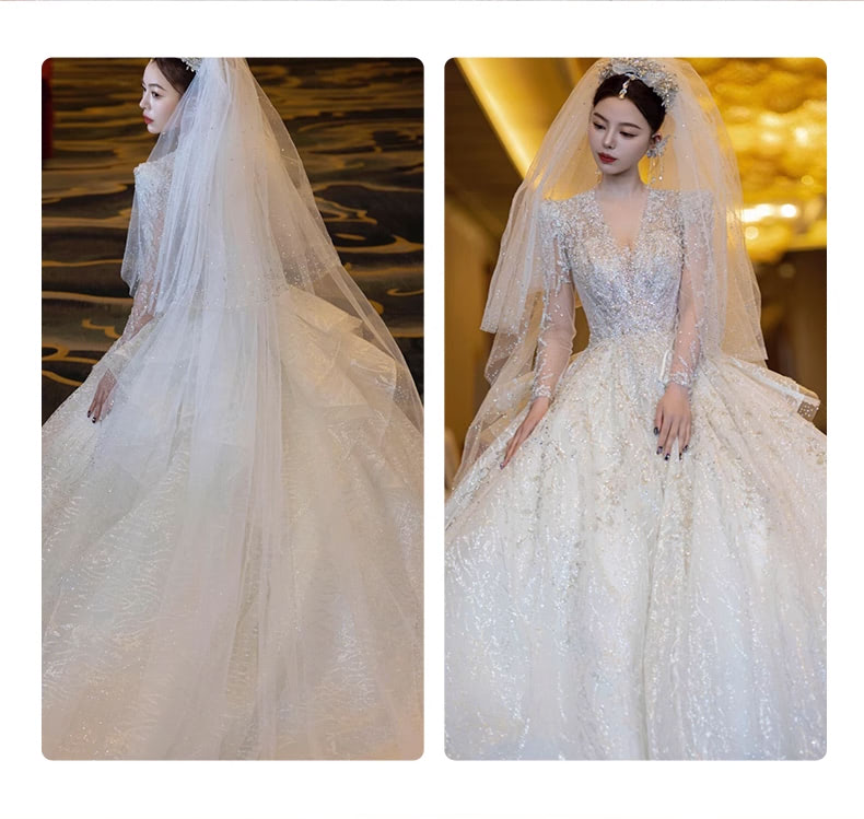 Luxury-A-Line-V-neck-Long-Tulle-Sleeve-White-Lace-Bridal-Wedding-Dress08