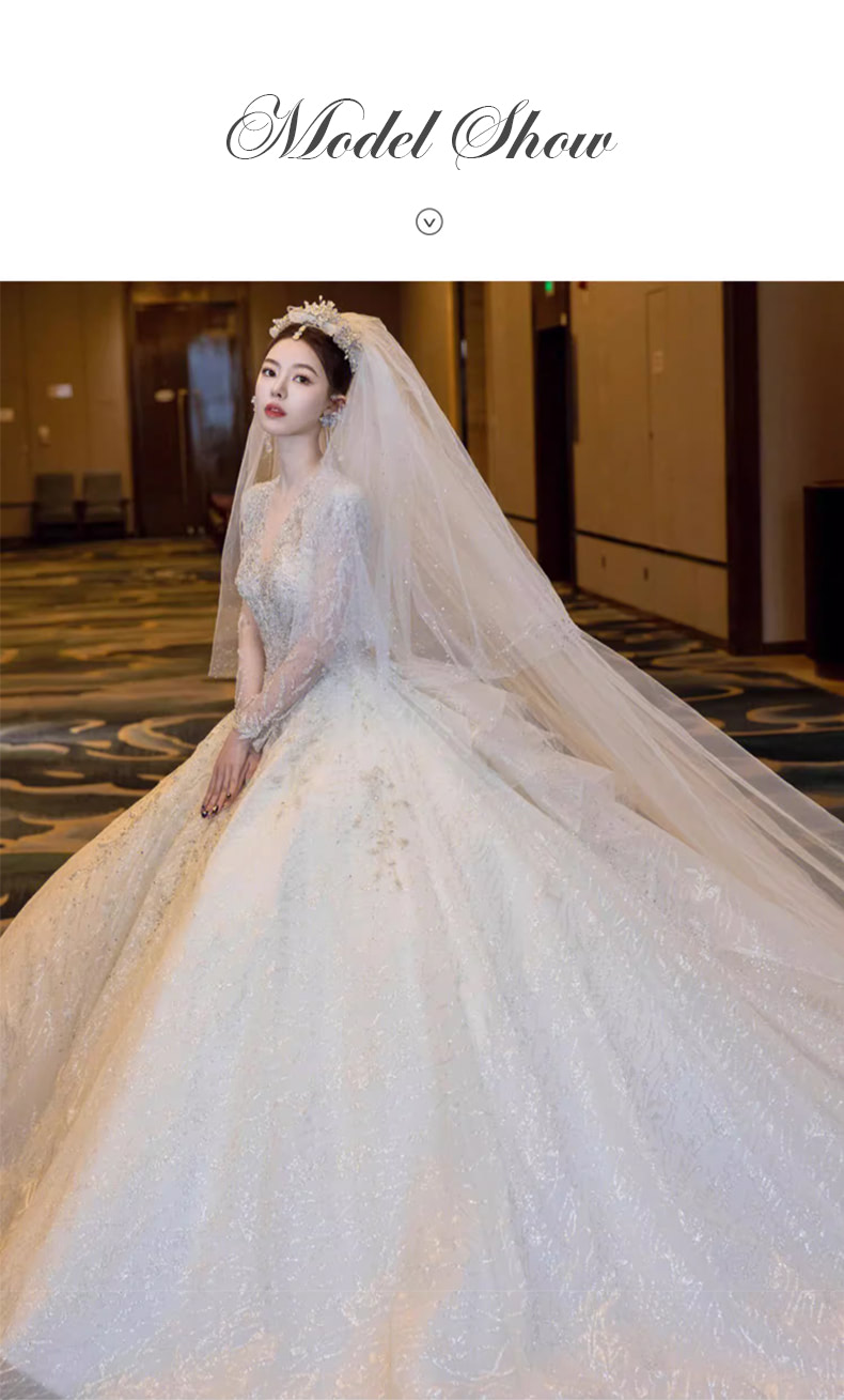 Luxury-A-Line-V-neck-Long-Tulle-Sleeve-White-Lace-Bridal-Wedding-Dress10