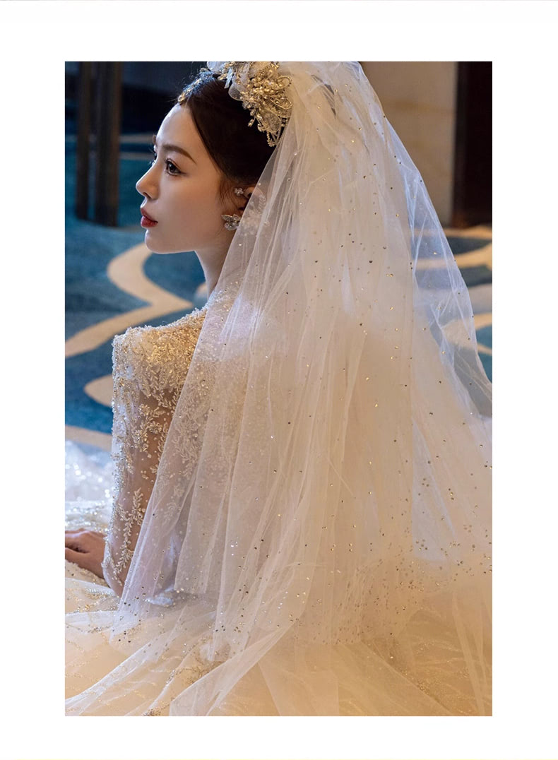 Luxury-A-Line-V-neck-Long-Tulle-Sleeve-White-Lace-Bridal-Wedding-Dress11