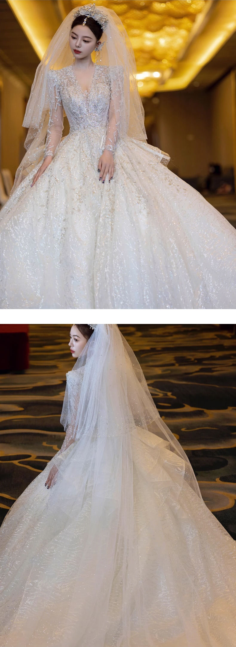 Luxury-A-Line-V-neck-Long-Tulle-Sleeve-White-Lace-Bridal-Wedding-Dress12