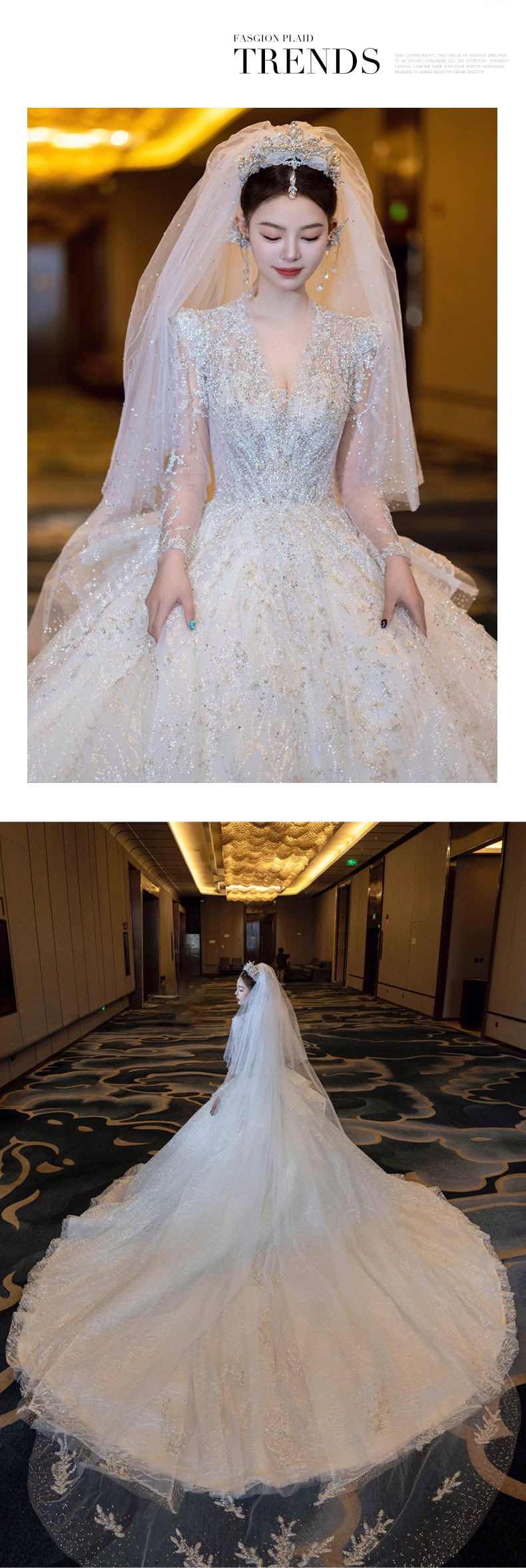 Luxury-A-Line-V-neck-Long-Tulle-Sleeve-White-Lace-Bridal-Wedding-Dress13