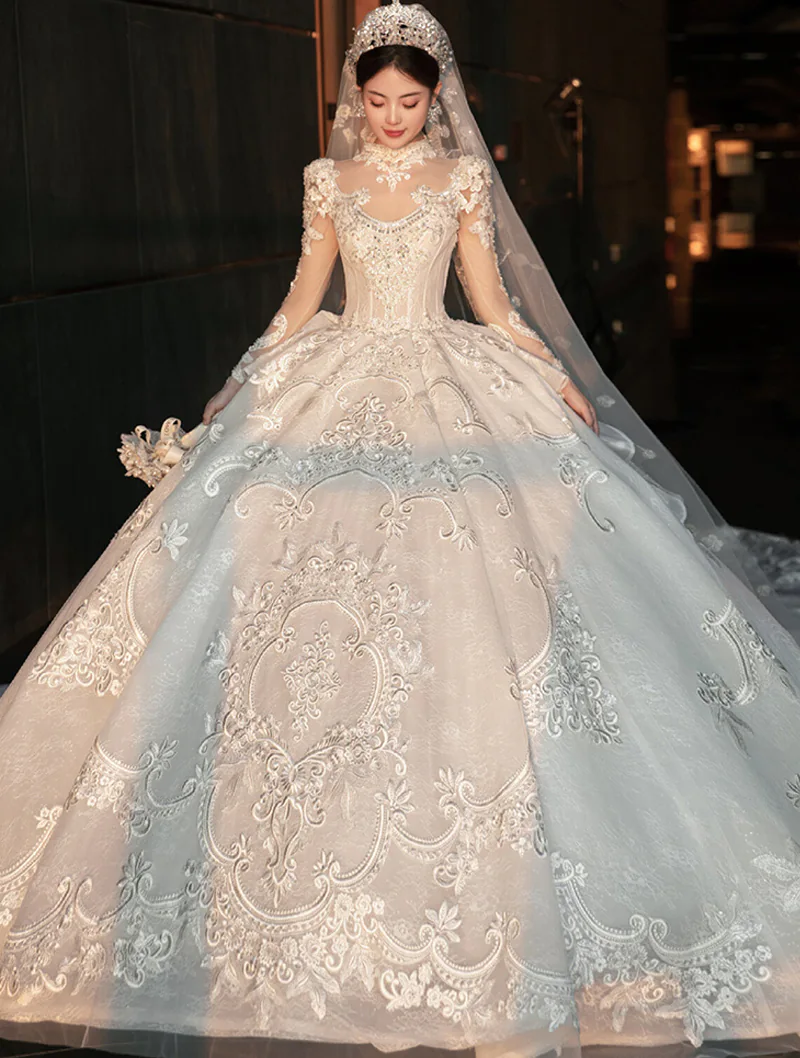 Luxury Sheer Lace Long Sleeve White Bride Weeding Ceremony Party Dress01