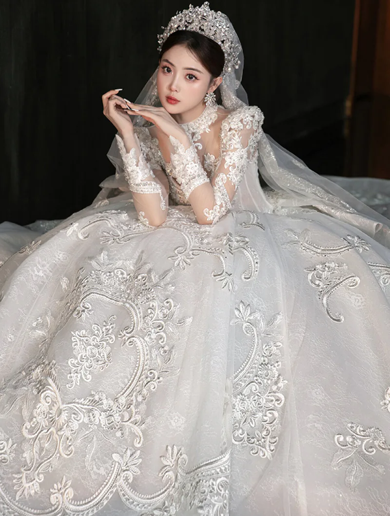 Luxury Sheer Lace Long Sleeve White Bride Weeding Ceremony Party Dress02
