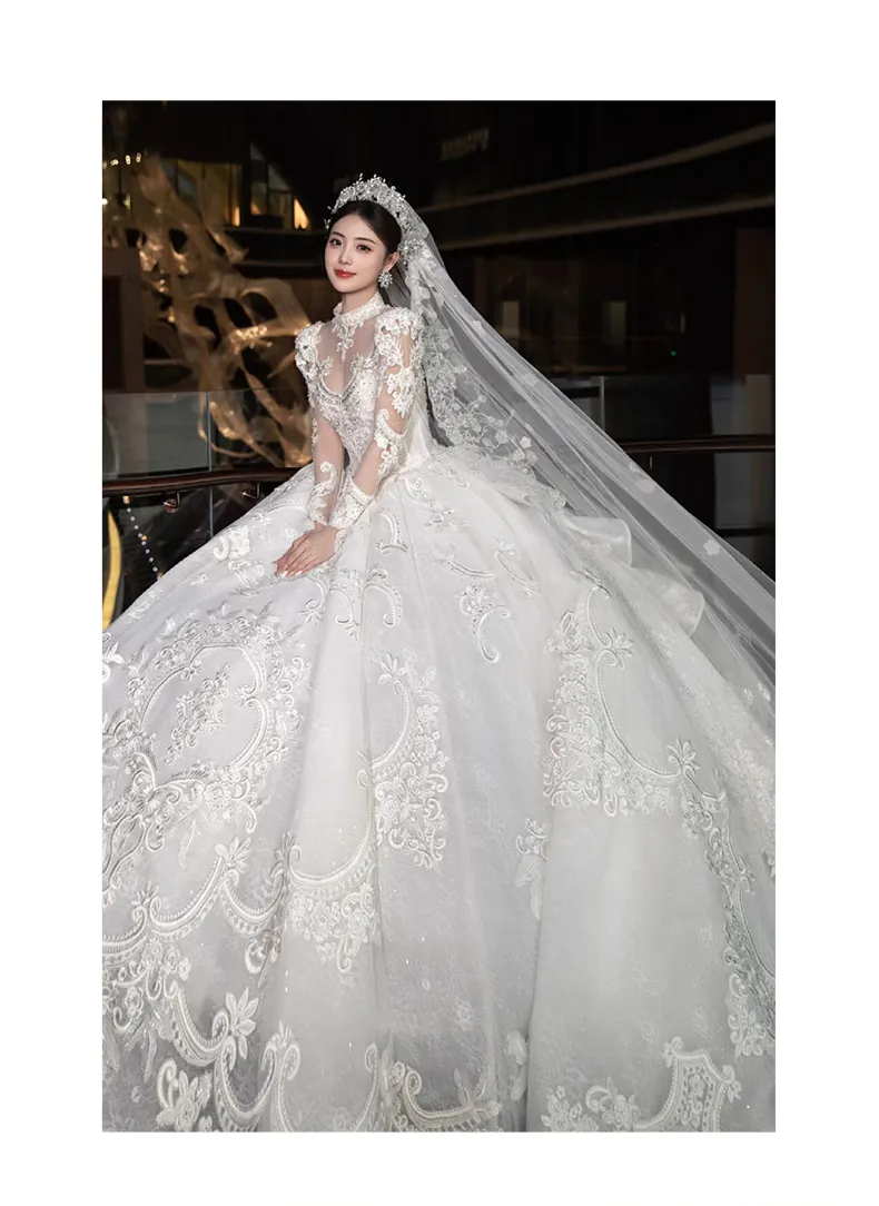 Luxury-Sheer-Lace-Long-Sleeve-White-Bride-Weeding-Ceremony-Party-Dress10