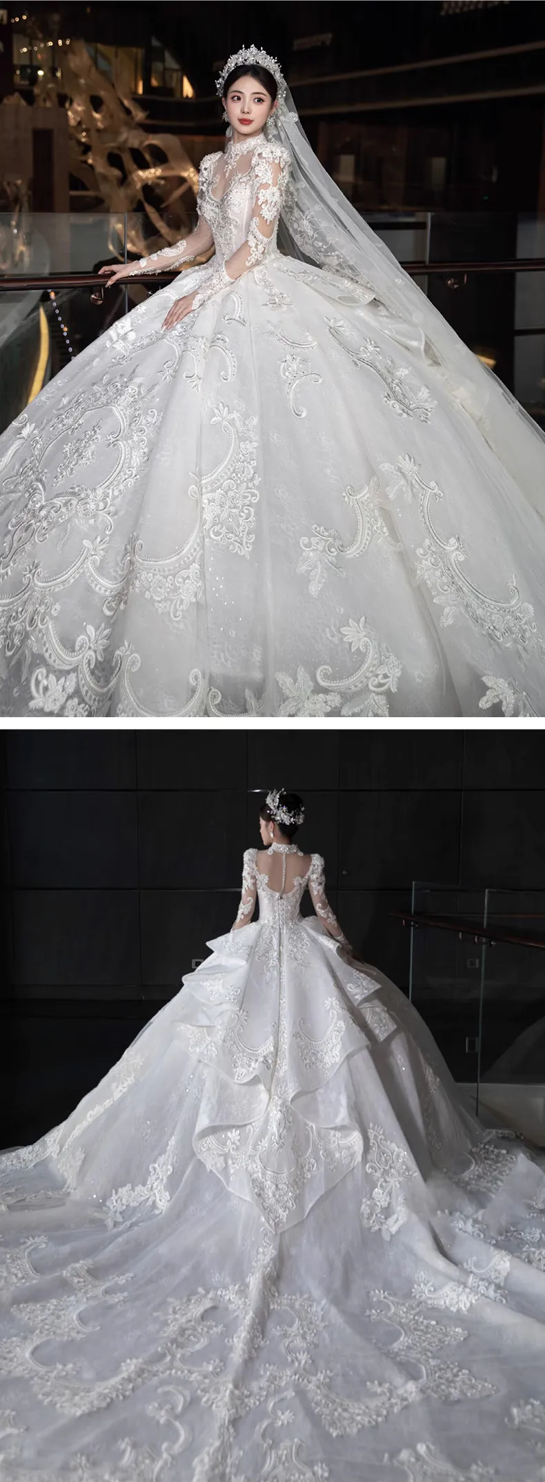 Luxury-Sheer-Lace-Long-Sleeve-White-Bride-Weeding-Ceremony-Party-Dress12