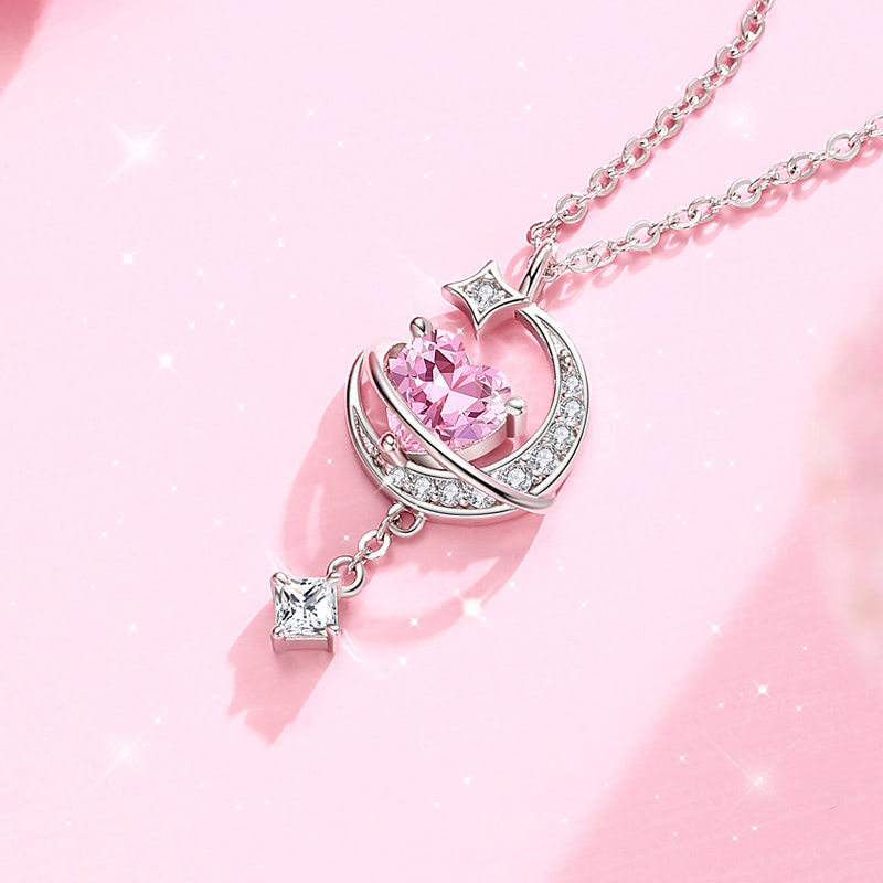 Moon Heart Pure Love Pink Birthstone Pendant S925 Sterling Silver Necklace02
