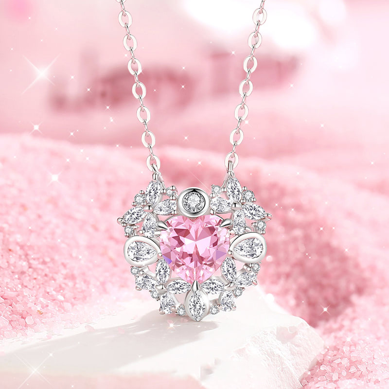 Pink Heart Blossoming Birthstone Sterling Silver Chin Jewelry Necklace01