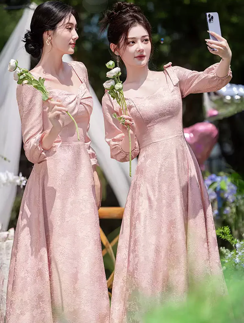 Pink Jacquard Fall & Winter Wedding Party Long Sleeve Bridesmaid Dress (Size: S, Style: Style A) Pink Jacquard Fall & Winter Wedding Party Long Sleeve Bridesmaid Dress (Size: S, Style: Style A)
