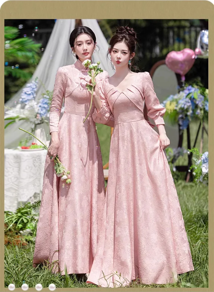 Pink-Jacquard-Fall-Winter-Wedding-Party-Long-Sleeve-Bridesmaid-Dress10