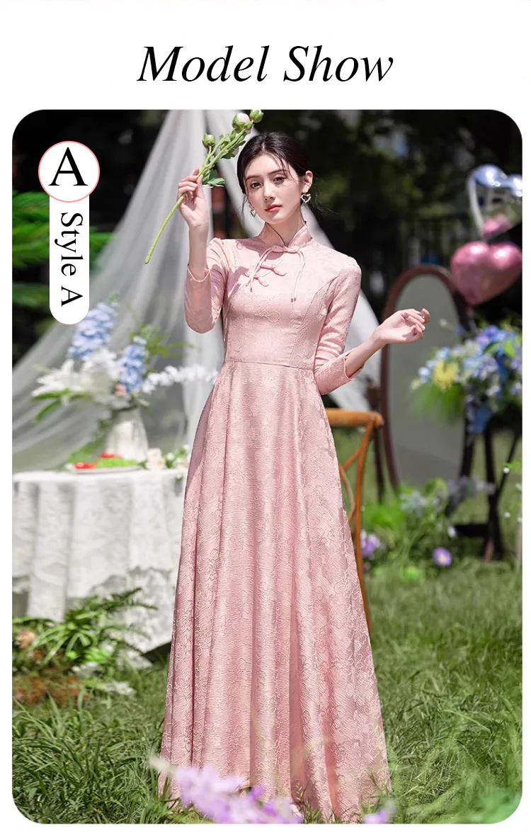 Pink-Jacquard-Fall-Winter-Wedding-Party-Long-Sleeve-Bridesmaid-Dress13