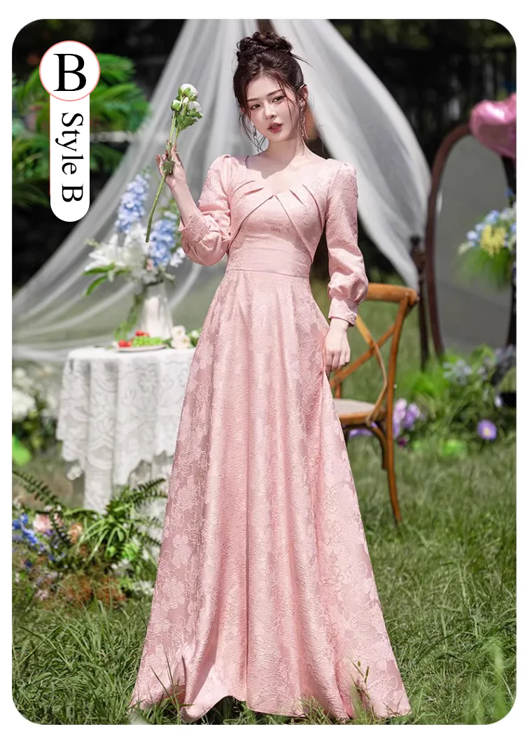Pink-Jacquard-Fall-Winter-Wedding-Party-Long-Sleeve-Bridesmaid-Dress16